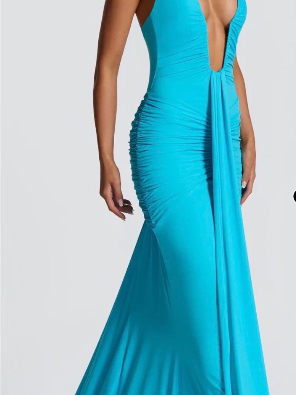Turquoise Deep-V Backless Ruched Mermaid Gown - Picture 2 of 3